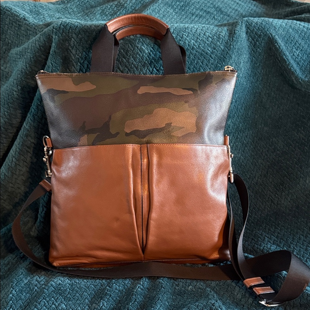 Coach Camouflage and Brown Leather Messenger Bag